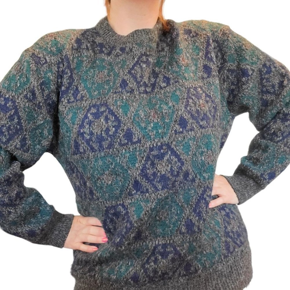 Vintage 80s Sweater‎ Gray Abstract Geometric Dad Wool Blend Preppy Pullover Sz M